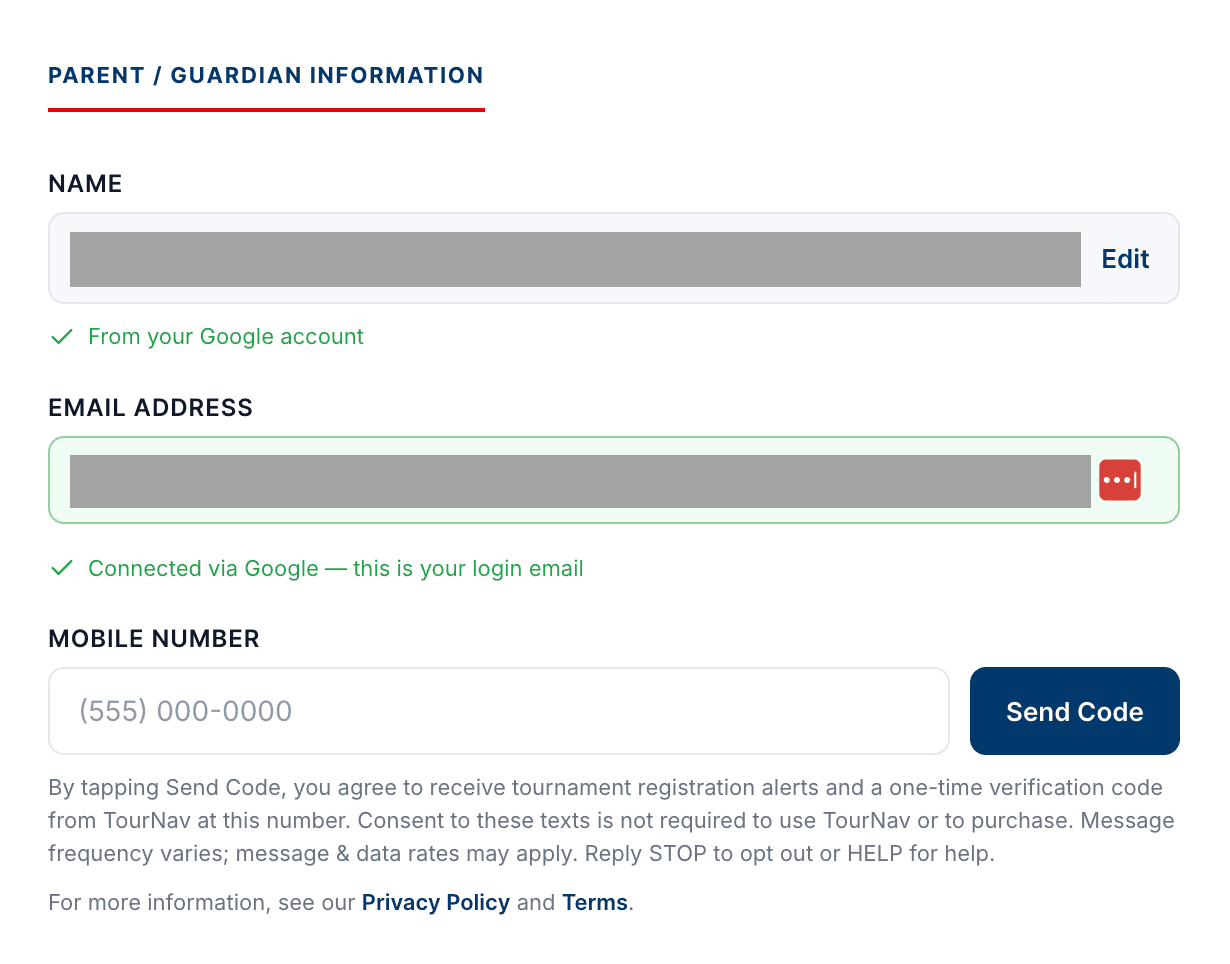 TourNav onboarding Parent/Guardian step showing the Mobile Number field, the Send Code button, and the SMS consent disclosure directly beneath the field: 'By tapping Send Code, you agree to receive tournament registration alerts and a one-time verification code from TourNav at this number. Consent to these texts is not required to use TourNav or to purchase. Message frequency varies; message & data rates may apply. Reply STOP to opt out or HELP for help.'